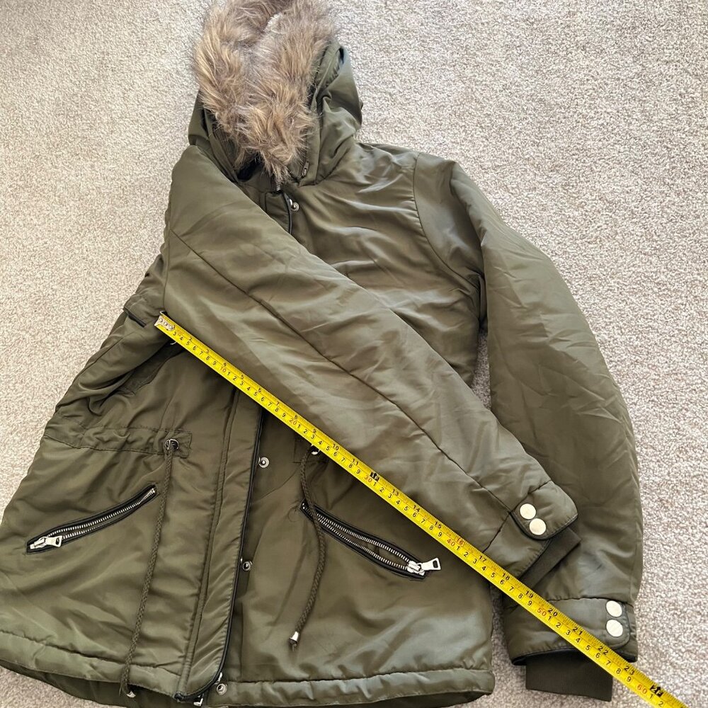 Y2K Miss London Black Label Olive Green Utility Jacket with Fur Trim Hood M - Picture 10 of 12